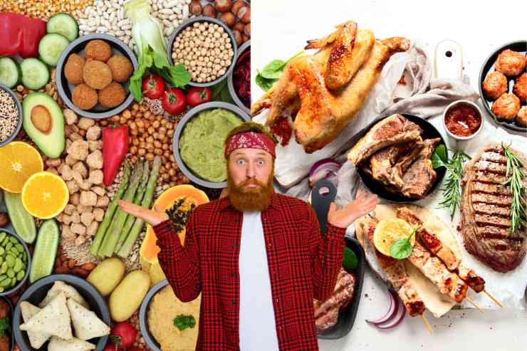 da un lato cibi vegani dall'altro cibi a base di carne ed un uomo indeciso