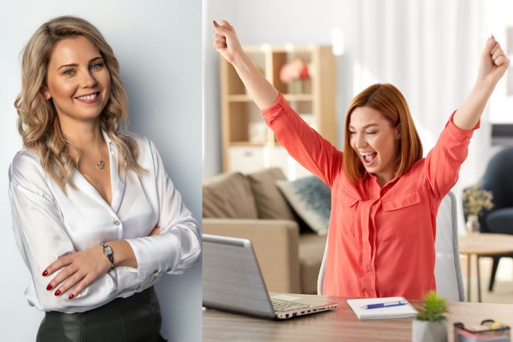 donna in camicia a sinistra, donna che lavora ed è felice a destra