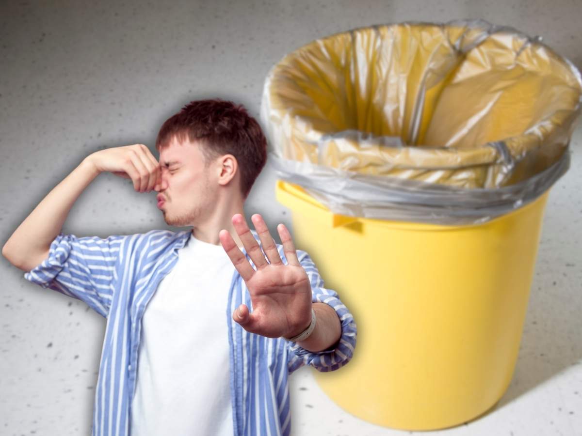 Uomo tappa il naso cestino spazzatura