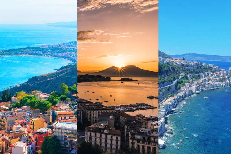 ci sono 3 città del sud Italia, a sinistra la Sicilia, al centro Napoli e viene inquadrato un tramonto ed il Vesuvio ed a destra la costiera di Catanzaro