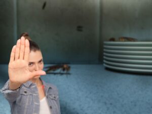 scarafaggi in cucina e donna che fa stop con le mani