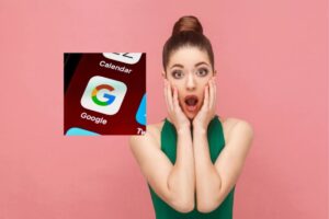 donna stupita con la bocca aperta e le mani in faccia e nel riquadro l'icone di Google