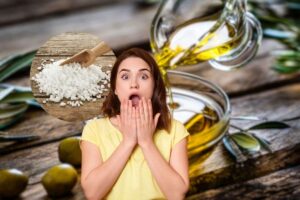 sale, olio e donna stupita
