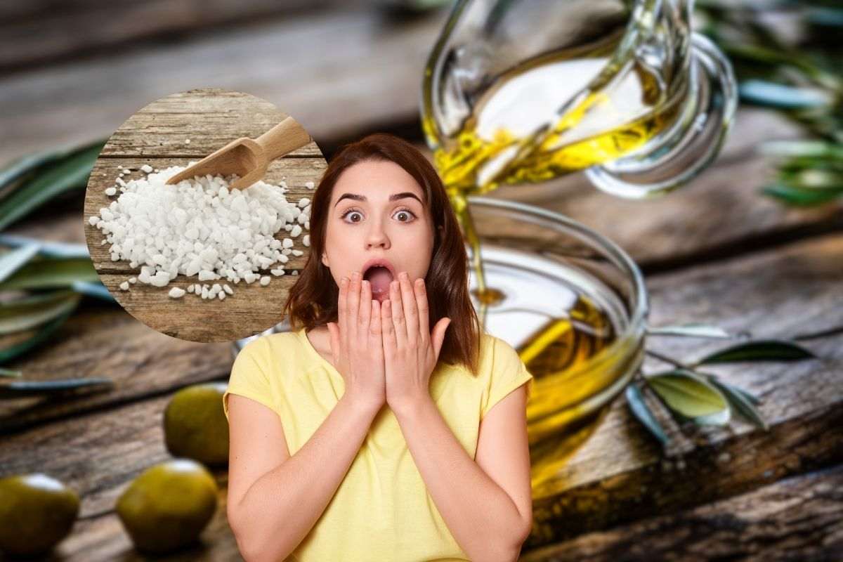 sale, olio e donna stupita