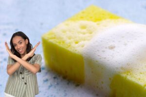 spugne con il sapone sopra e una ragazza cha di no