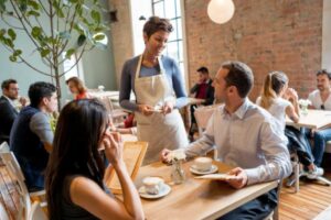cameriera che parla con un cliente seduto al tavolino del locale