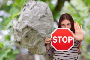 nido di calabroni in giardino e donna con cartello stop