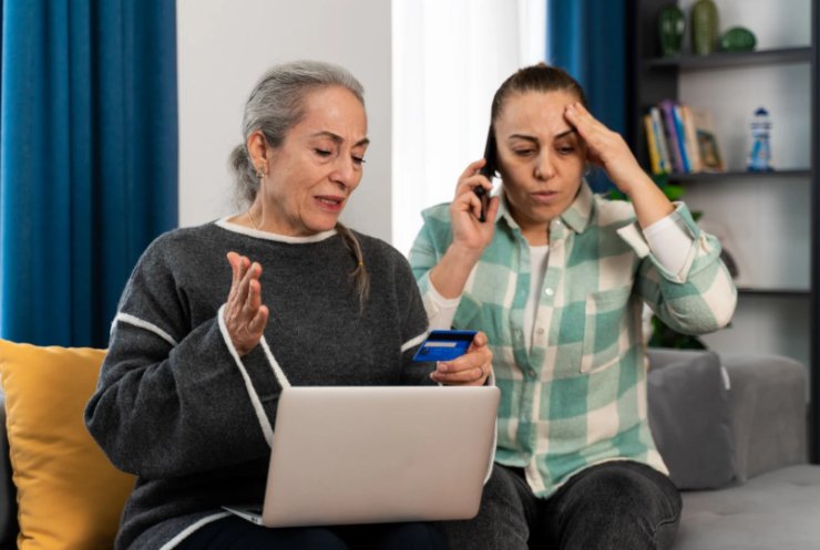 donna seduta sul divano al cellulare accanto ad un'altra donna con il computer sulle ginocchia