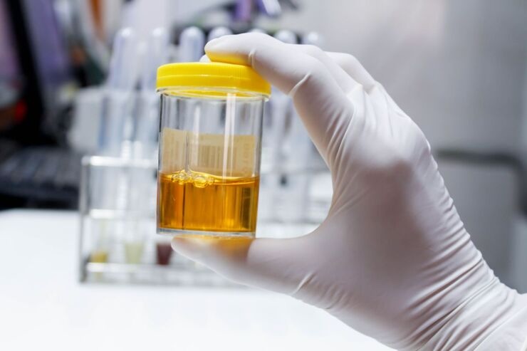 Mano con guanto bianco in laboratorio tiene campione di urina