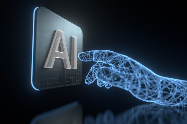 immagine simbolica di una mano virtuale che tocca un pannello con la scritta "AI"