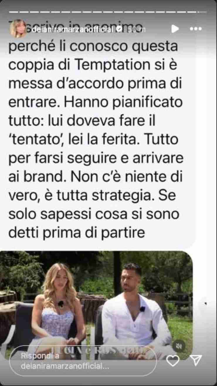 Storia Instagram di Deianira Marzano su una coppia di Temptation Island
