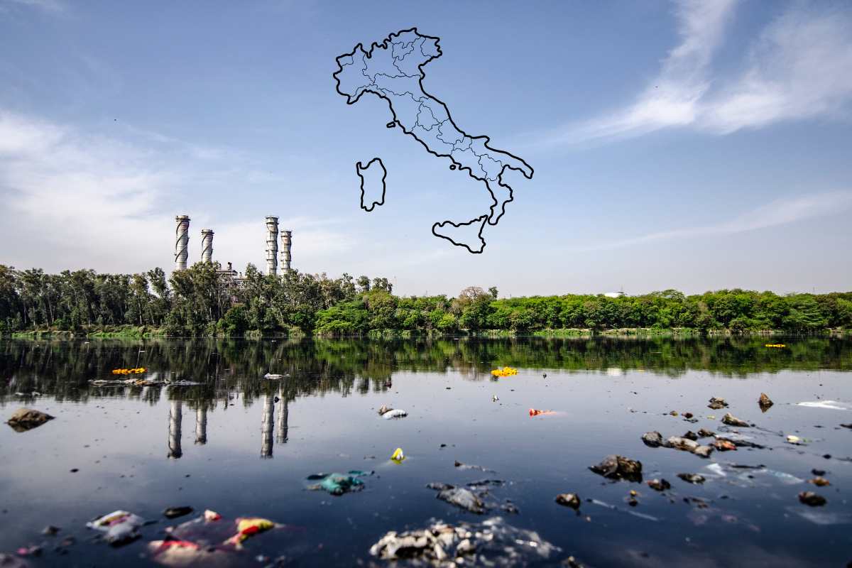 acque contaminate di un fiume ed un immagine della cartina dell'Italia