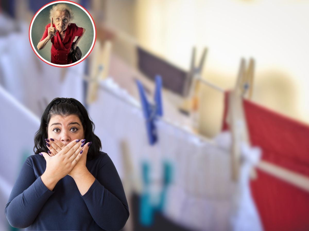 bucato steso, donna con mani davanti alla bocca e persona anziana arrabbiata in icona