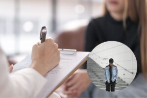 uno studio di psicologia e una persona che cammina a testa bassa