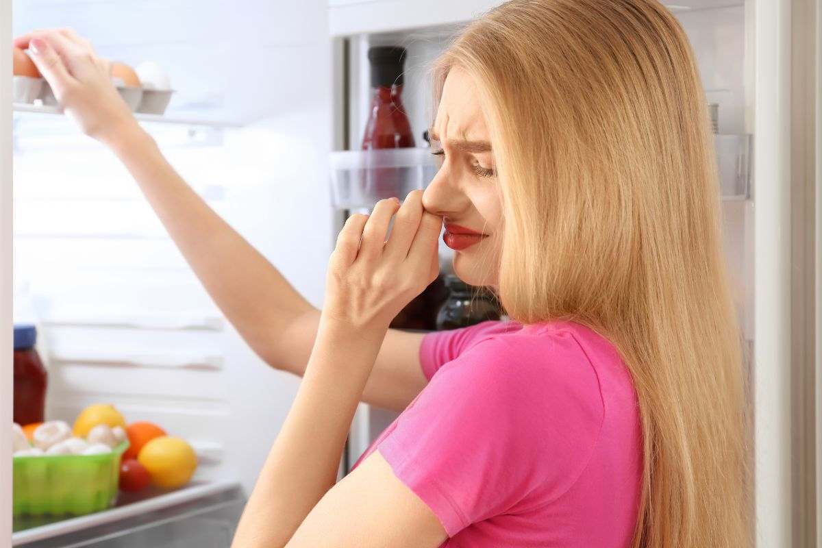 una ragazza che sente un cattivo odore dal frigo
