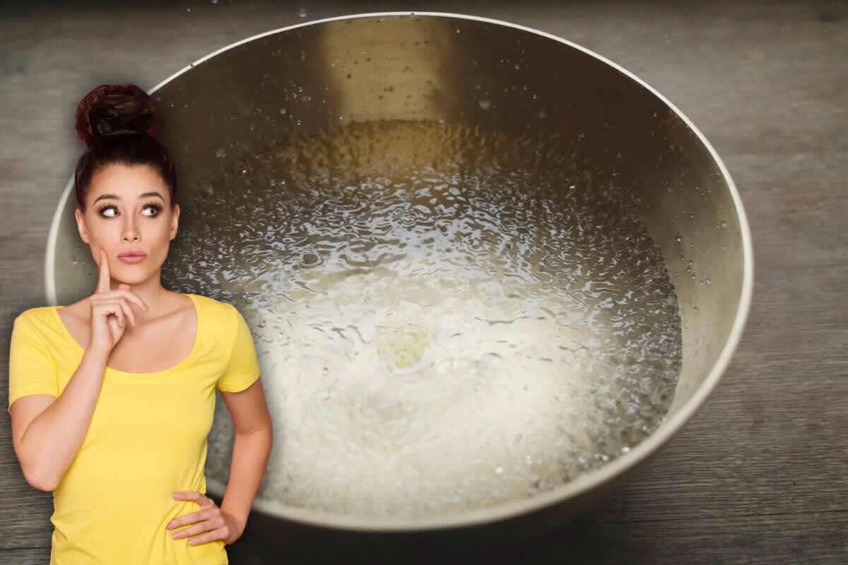 Ciotola d'acqua, ragazza incuriosita con mano sul fianco e dito sul viso