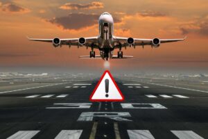aereo in decollo visto da davanti con un segnale di pericolo