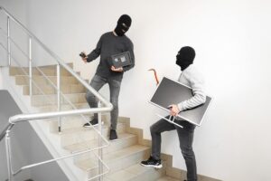 due ladri in una casa, uno con in mano una pistola ed una cassaforte ed un altro con in mano un televisore