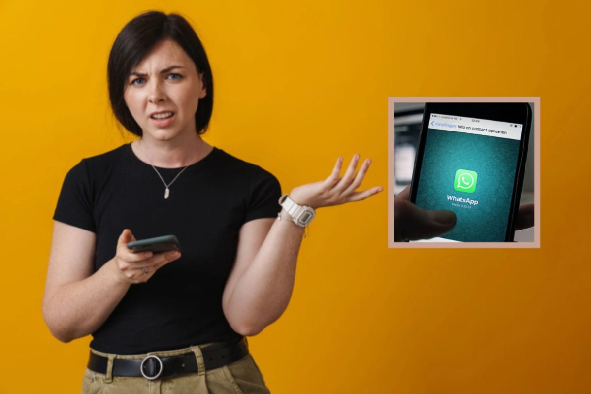 donna con il cellulare in mano e accanto un riquadro con un cellulare e l'icona di whatsapp