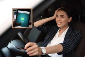 donna preoccupata alla guida dell'auto e nel riquadro l'icona di whatsapp
