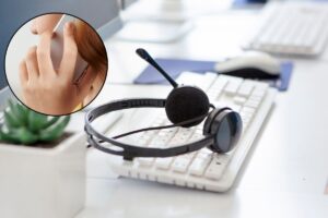 collage donna al telefono e ufficio da call center