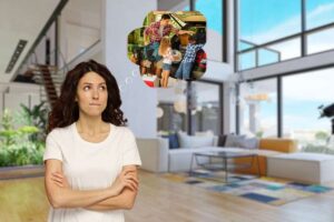 soggiorno di casa sullo sfondo, donna che pensa e famiglia che parte
