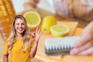 aceto e limone con donna che fa ok con le mani