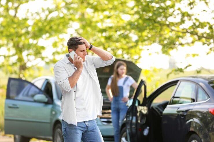 Uomo al telefono mano sul viso guarda auto davanti a lui, sul fondo ragazza davanti ad auto con cofano aperto