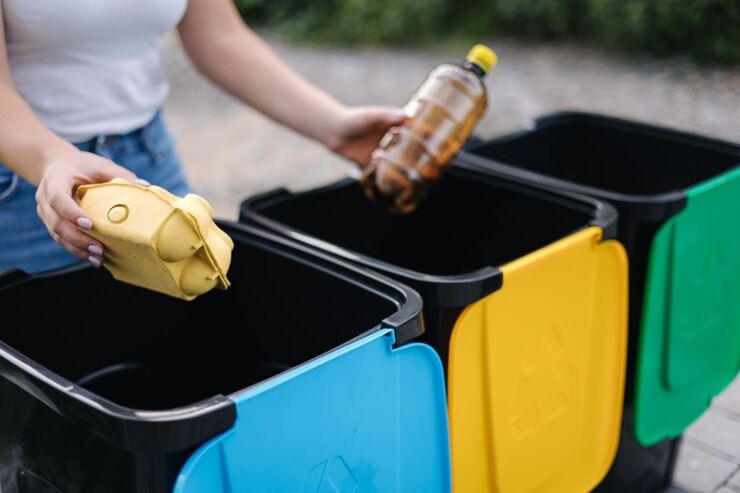 gettare rifiuti in bidoni (azzurro, giallo, verde)